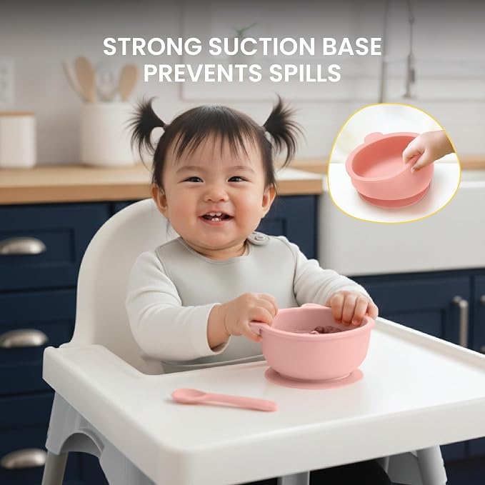 Lulyboo Silicone Bear Suction Bowl & Spoon Set for Babies & Toddlers - Food-Grade Silicone, Non-Spill Anti-Slip Base, Soft Gumming Spoon, Durable & Dishwasher Safe, Ideal for Self-Feeding