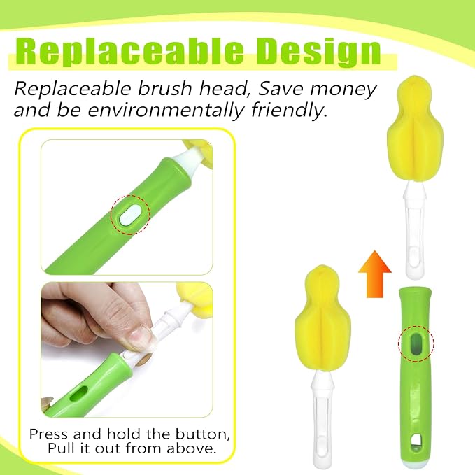 INVODA Nipple Brush 4PCS Sponge Bottle Brushes with 4 PCS Straw Brush Baby Bottle Nipple Cleaner Brush Long Handle Detachable Nipple Brushes (Yellow)