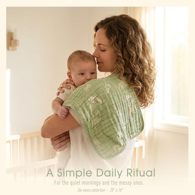 6-Pack Muslin Baby Burp Cloths Made with Organic Cotton – 6-Layer Absorbent & Gentle for Newborn Feeding, Burping – Ultra-Soft, 20x10 Inch Set in Natural Sage