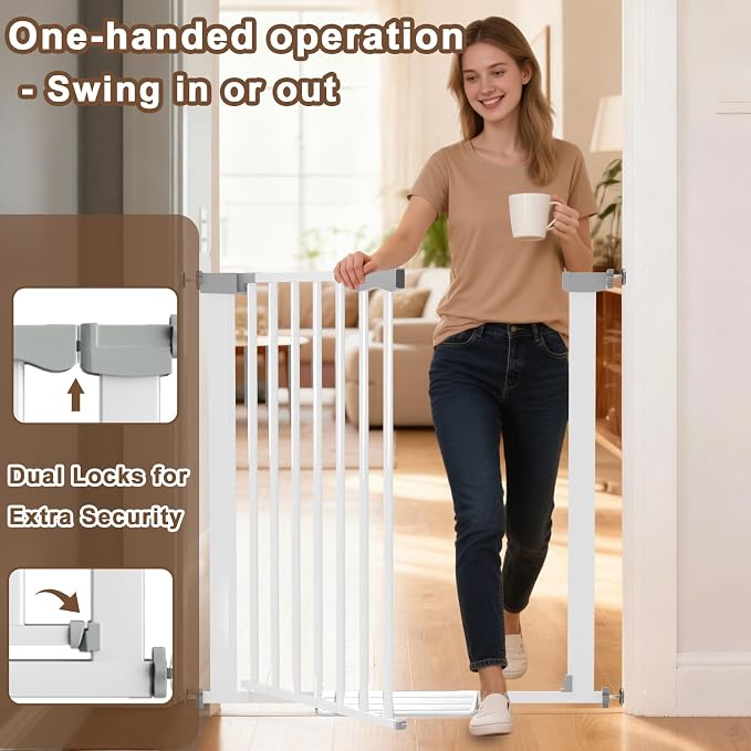 41'' Extra Tall Baby Gate for Large Dogs Pets Indoor No Jumping Over, 30-40.9'' Wide Heavy Duty Puppy Gate for Doorways, Pressure Mounted Metal Gate for Child Toddler No Tools Needed(White)