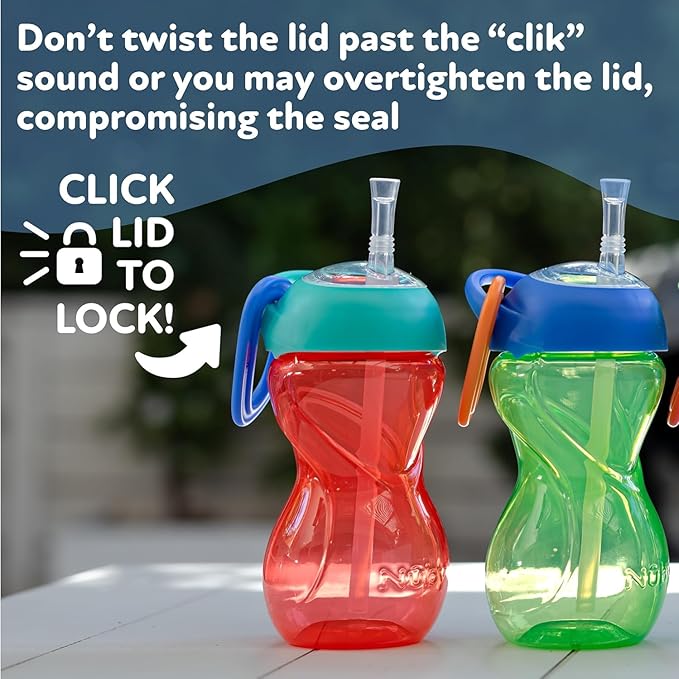 Nuby No-Spill Clik-It Flexi Straw Sippy Cup with Carabiner Clip - (3-Pack) 10 oz - Baby Sippy Cup for 6+ Month Old with Easy Grip - Red/Green/Blue