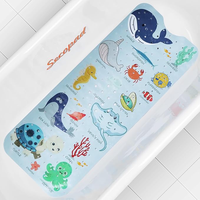 Secopad Bath Mat for Tub Non Slip, Machine Washable Anti-Slip Cartoon Baby Bathtub Shower Mat with Drain Holes and Suction Cups for Toddler & Kids, 40 Inch x 16 Inch, Blue Sea Animals