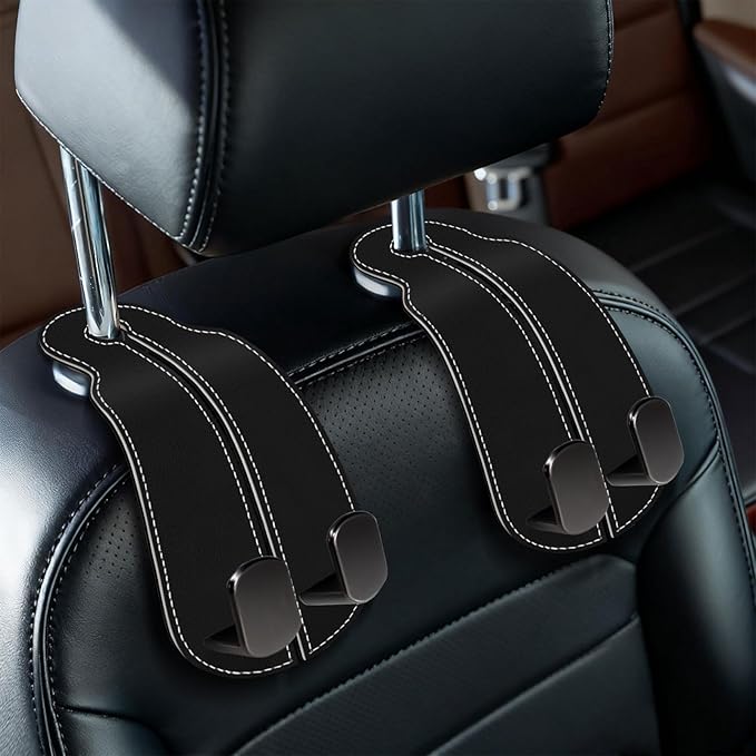 Blusabaca 2PCS Car Seat Back Storage Headrest Hooks, Black Purse Holder Bags Hanger, Double Metal Hook for Backseat Organizer, Women Car Accessories Organization