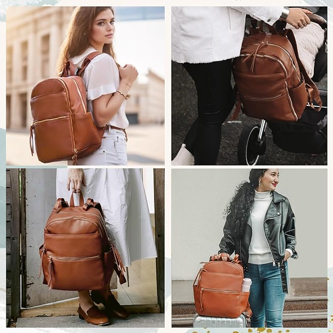 MOMINSIDE Diaper Bag Backpack with 6 Insulated Pockets, Leather Diaper Bag, Large Baby Bag for Mom, Baby Registry, 18 Pockets, Changing Pad, Stroller Straps (Brown)