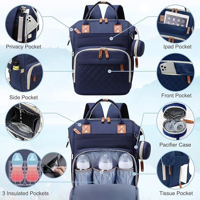 Black Diaper Bag Backpack, Multifunctional Waterproof Mommy Bag with Changing Pad, USB Port, Stroller Straps, Large Capacity Baby Travel Bag (blue)