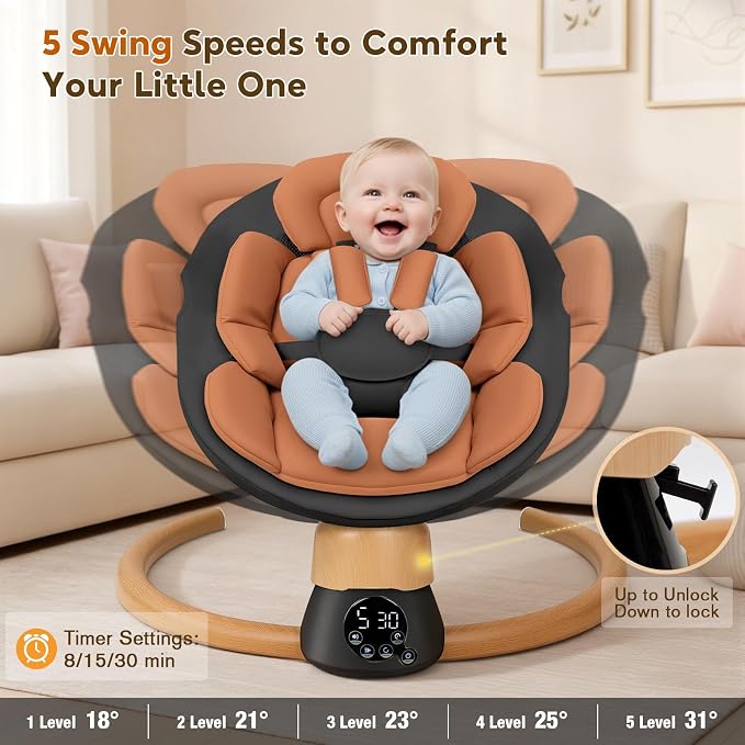 Baby Swings for Infants | Electric Portable Baby Swing with Bluetooth, 5 Swing Speed, 3 Timer Settings, 10 Melodies, 5-Point Harness & Remote Control | Indoor & Outdoor Newborn Swing (Black)