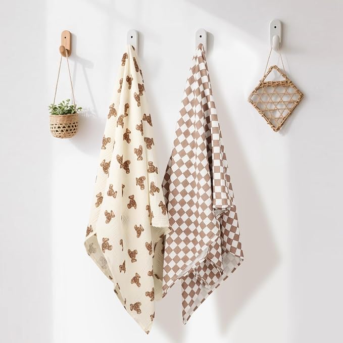 insular Muslin Swaddle Blankets for Boys Girls, 2 Pack Receiving Baby Blanket Large 47 x 47 inches, Soft Breathable Swaddling Wrap for Unisex Newborn, Teddy Bear&Checkered