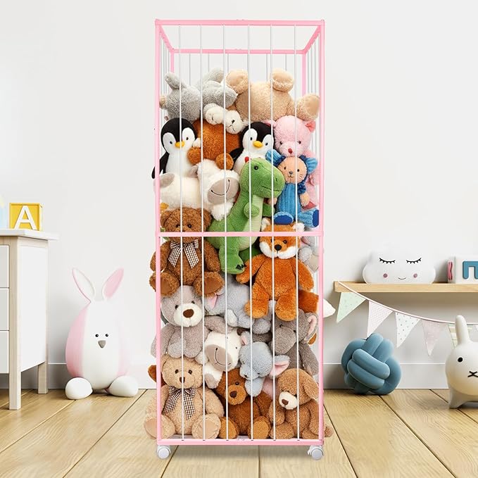 Stuffed Animal Storage, Metal Tube Extra Large Toy Storage Organizer with Brake Wheels, Stuffed Animal Holder Zoo Organizer for Nursery Playroom Kids Room Pink(61??x 23.6?�x 16.5??