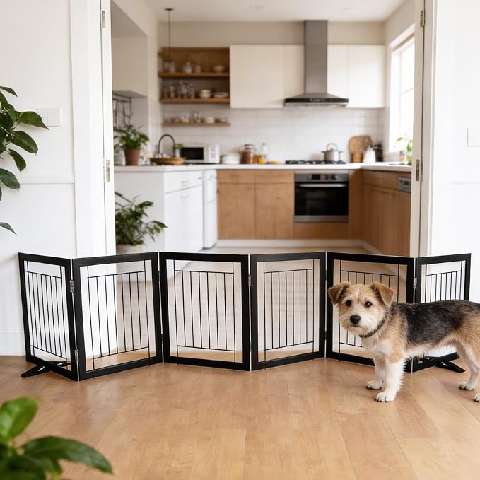 Dog Fence Indoor - 6-Panel Freestanding Dog Gate for Doorways, Hallways, House or Stairs -120x24-Inch Retractable Foldable Expandable Wood Pet by SFJC (Black)