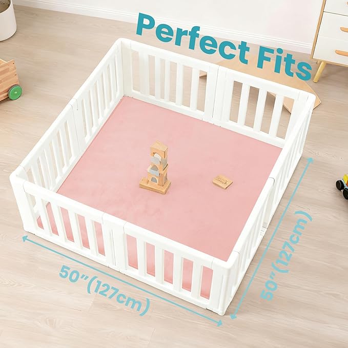 Huloo Sleep Baby Play Mat for Floor,1.3" Thick Elasti-Foam 50"×50" Playpen Mat for Tummy Time,Water Repellent Soft Coral Velvet for Toddler,Infant,Kids,Non-Slip Backing Safe for Crawling(Pink)