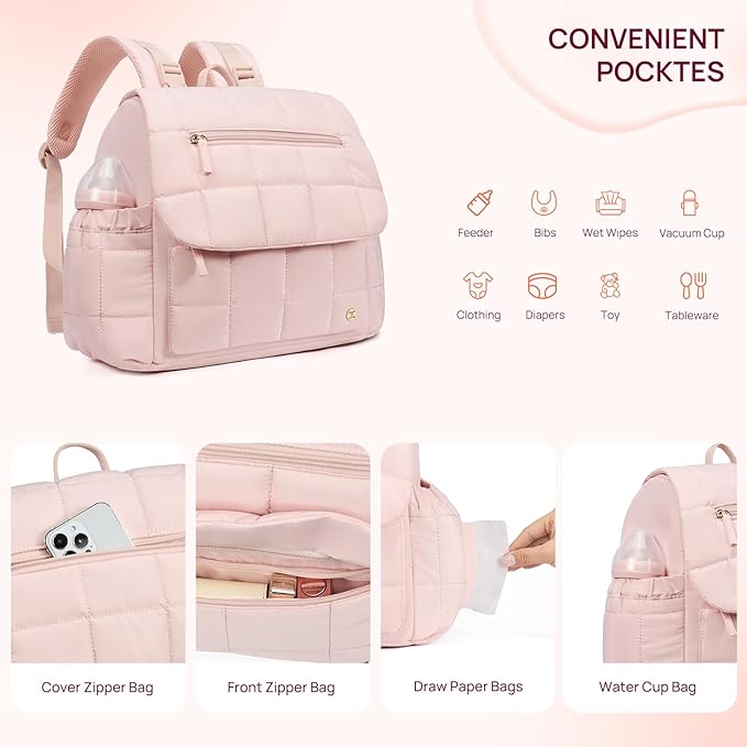 Telena Diaper Bag Mini Diaper Backpack with Changing Pad, Puffer Baby Travel Bag with Insulated Pockets, Stroller Straps, Pink