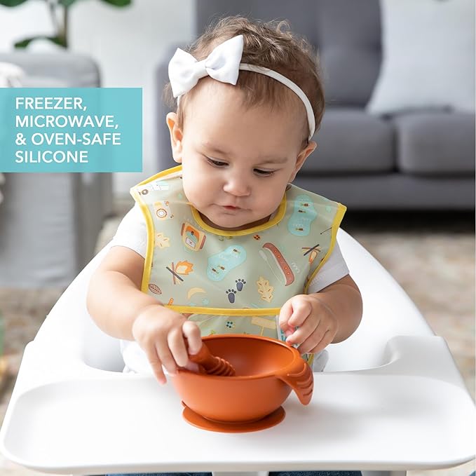 Bumkins Feeding Set with Suction, Includes Spoon and Lid, Training Essentials for Baby-Led Weaning, Toddler Self-Feeding, Babies Eating at 4 Mos Up, Clay