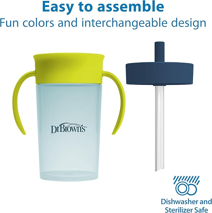 Dr. Brown's Milestones Straw to 360 Convertible Toddler Training Cup Set with Interchangeable Silicone Straw and 360 Degree Cup Lids, Blue Green, 10 oz/300 mL, BPA-Free, 9m+, 2-Pack