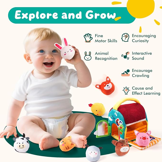 Baby Toys 6-12 Months - Soft Barn with Stuffed Farm Animals, Sensory Balls, Crinkle Paper & Mirror - Montessori Toys for Toddlers 1-3, 1 Year Old Boy Girl Gifts