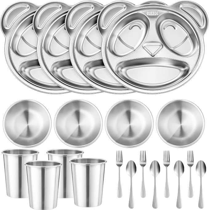 Jinei 20 Pieces Kids Stainless Steel Utensils Set Include 4 Panda Shaped Plates, 4 Bowls, 4 Cups, 4 Spoons, and 4 Forks, Stainless Steel Dinnerware Set for Toddler Utensils silverware