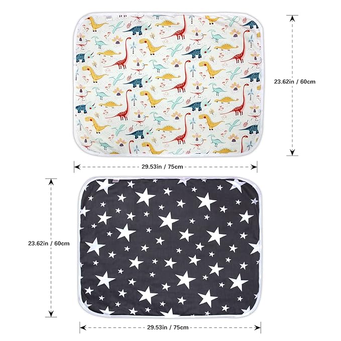 2 Pack Baby Changing Pad, Diaper Changing Mat for Dresser, Crib, Travel, 100% Cotton Surface, Breathable & Waterproof, Shower Gift for Newborn Boys, Extra Large 24" x 30", Dinosaur Black Star