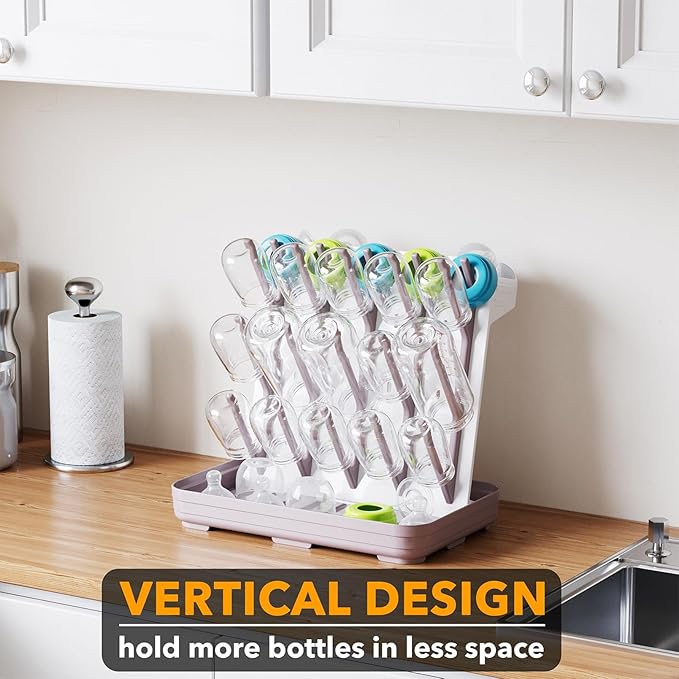 SpaceAid Baby Bottle Drying Rack with 20 Hooks, Space Saving Kitchen Bottles Rack Dryer, Vertical Baby Bottle Holder Organizer for Countertop Storage Accessories (White and Taupe)