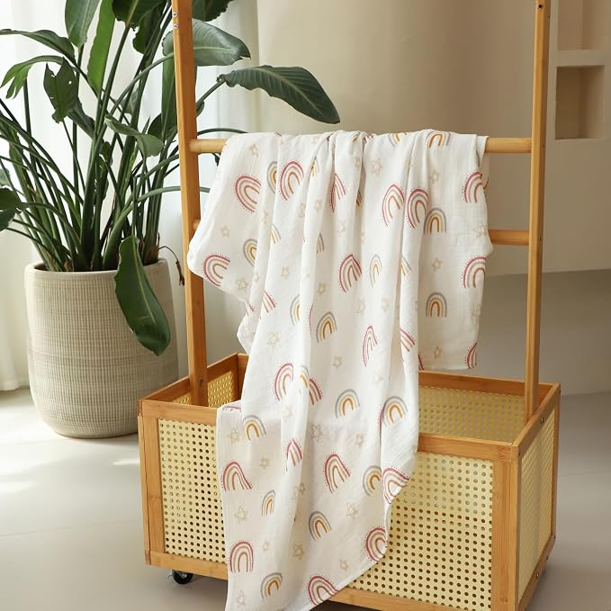 insular Muslin Swaddle Blankets for Boys Girls, 2 Pack Receiving Baby Blanket Large 47 x 47 inches, Soft Breathable Swaddling Wrap for Unisex Newborn, Floral&Rainbow
