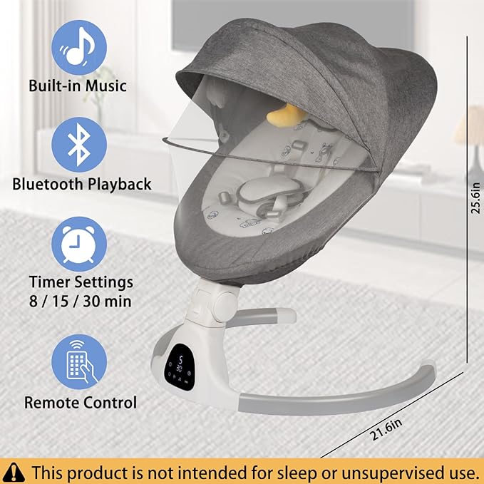 Electric Baby Swing for Infants, 5-Speed Adjustable Swing with Bluetooth Music, Timer, 5-Point Harness and Stable Base for Supervised Daytime Use (Gray)