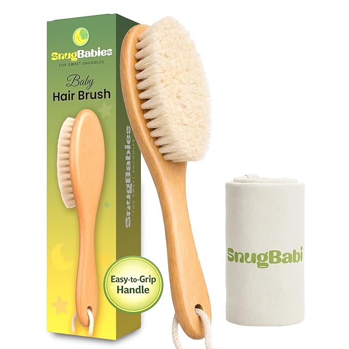 Wooden Baby Hair Brush with Natural Goat-Hair Bristles - Ultra Soft Baby Brush for Newborns & Infants with a Cotton Travel Pouch - Helps with Cradle Cap Care - 21cm Easy Grip Beech Wood Handle