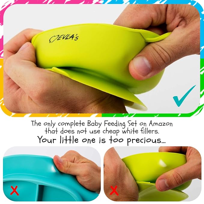 EVLA'S Baby Feeding Set, Baby Led Weaning Supplies, Adjustable Silicone Bibs, Divided Plate, Suction Bowl with Lid, Soft Spoons for Babies or Toddlers, Baby Registry must have!(Blue and Green)