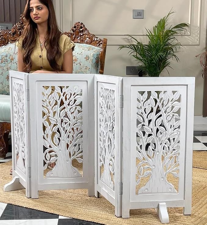 Decorative Wooden Dog Gate, 4 Panel Free Standing Folding Pet Fence, 56x28 Inch Indoor Dog Barrier for Doorway or Hallway, Sadie Design, White Antique