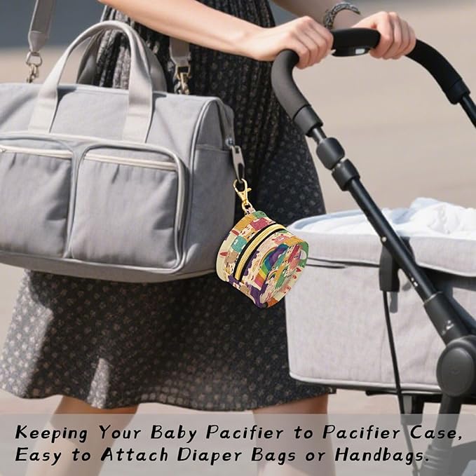 Pacifier Holder with Clip Pacifier Case for Diaper Bag Round Baby Pacifier Pouch Box Bag Portable Sunglasses Alpaca Rainbow Hearts