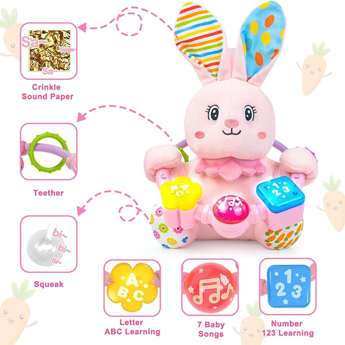 Baby Rabbit Musical Stuffed Animals Toy,Infant Bunny Bilingual Early Learning Education Toy with Light-Up Music & Crinkle,1st Easter Basket Shower Stuffers for 0 1 2 3 6 9 12 18 Month Girl,Pink
