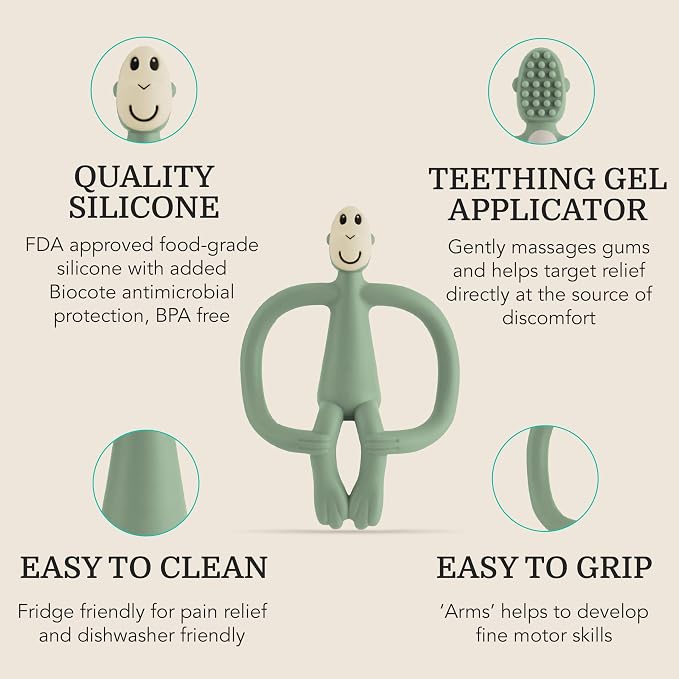 Matchstick Monkey Original Teether & Gel Applicator – Silicone Baby Teether, Easy-to-Grip, BPA-Free, Supports Self-Soothing & Early Brushing, 3 Months+, 4 Inches, Mint Green
