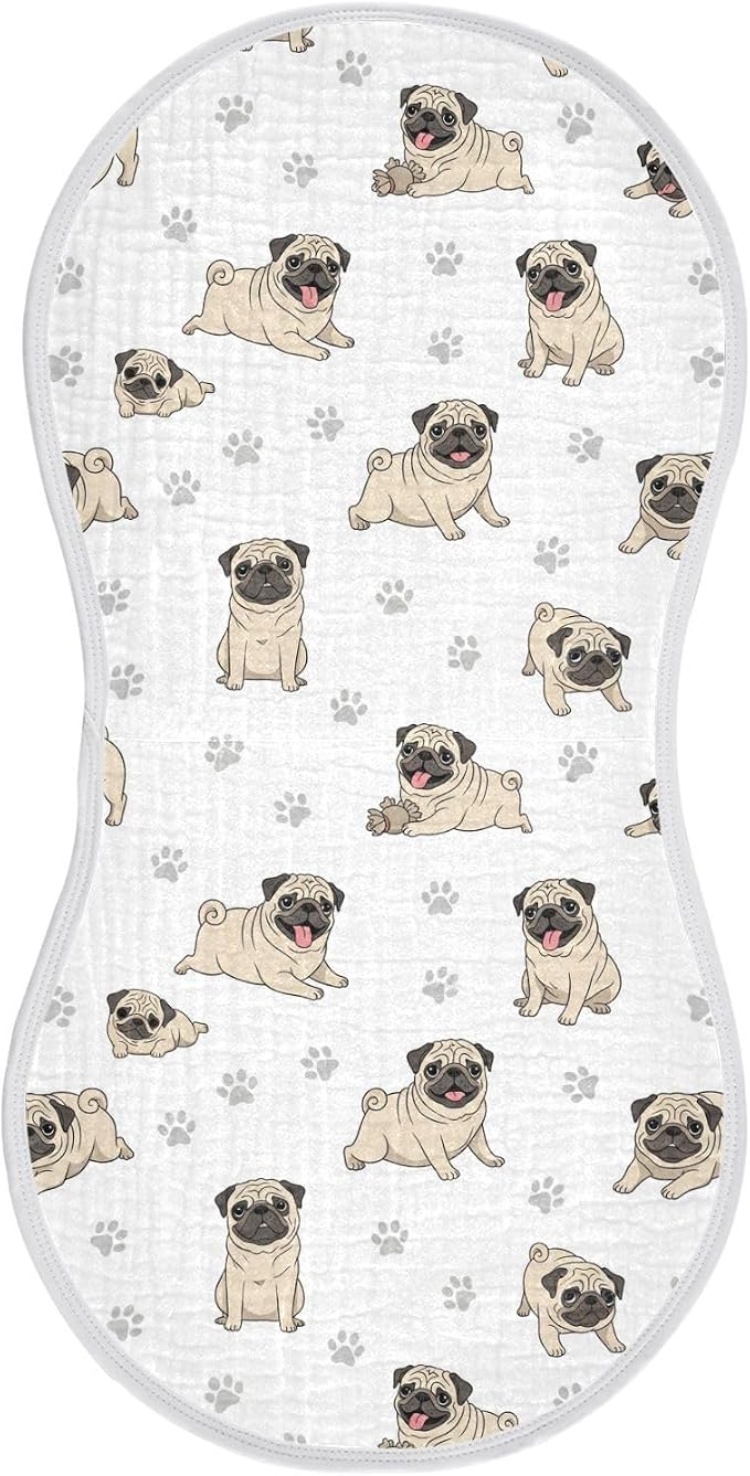 1 Pack Muslin Burp Cloths Pugs Dog Paw White Cotton Baby Burp Cloths Ultra Absorbent Burping Cloth Soft Spit Up Rags for Baby Boys Girls 22x11 Inch
