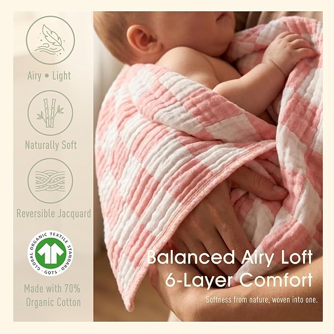 Ultra-Soft Muslin Baby Blanket - Swaddle & Crib for Girls, Pink Checkered (1-Pack)