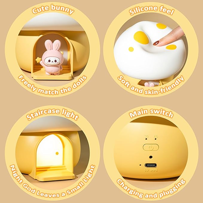 Kids Night Light, Mushroom Bunny Silicone Nursery Lamp, Tap Control 3-Level Dimmable, 30/60Min Timer, 1200mAh Rechargeable Cordless LED Bedside Sleep Light for Toddler Baby Bedroom