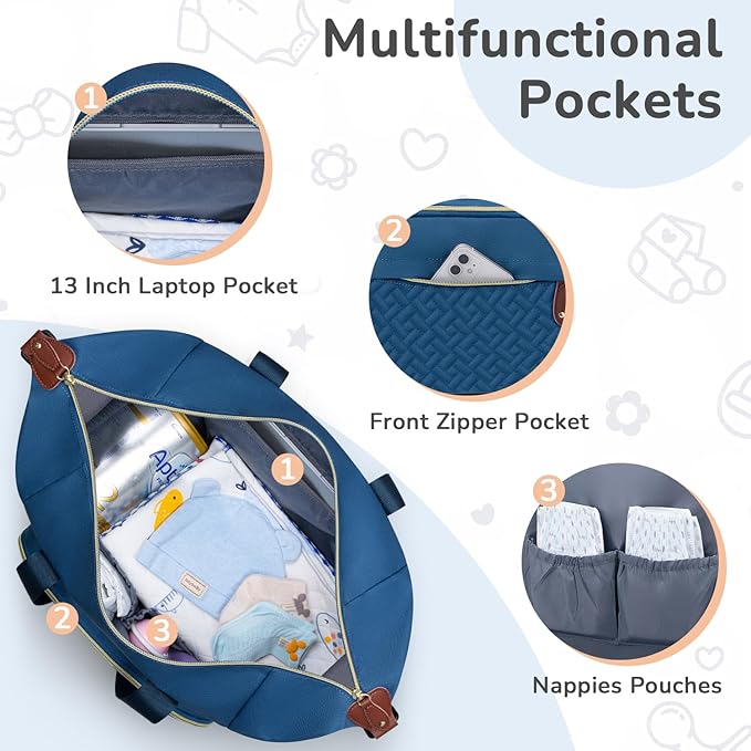 Tenot Diaper Bag Tote with Pacifier Case, Baby Bag for Women with Shoulder Straps, Travel Diaper Tote for for Mom and Dad Medium Size, Blue