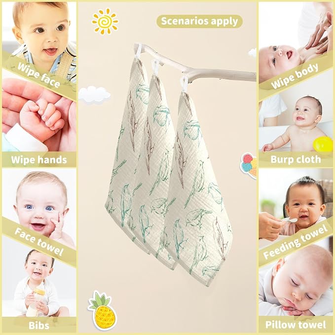 vvfelixl Baby Muslin Washcloths Color Birds Baby Burp Cloths Cotton Baby Face Towel for Newborn Infants Boys Girls Soft and Absorbent 11.8 X 11.8 in, 3 Pack
