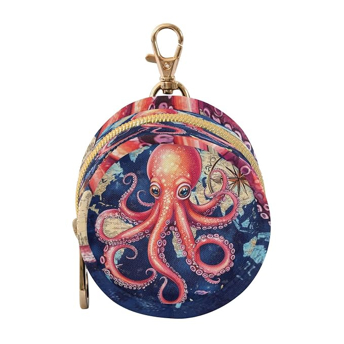 Pacifier Holder with Clip Pacifier Case for Diaper Bag Round Baby Pacifier Pouch Box Bag Portable Blue World Map and Octopus