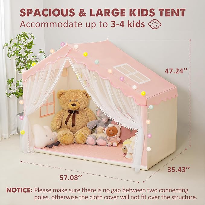 Kids Tent Indoor with Mat and Ball Lights - Play Tent for Kids Ages 4-8, Toddler Playhouse for Girls, 57" x 35" x 47" (Pink)