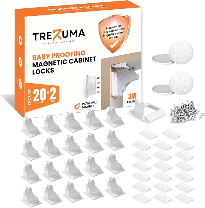 Magnetic Cabinet Locks Baby Proofing (20 Locks + 2 Keys) ??Child Proof Cabinet Locks with Easy Adhesive Installation ??Child Safety Locks for Kitchen, Cabinets & Drawers with Optional Screws