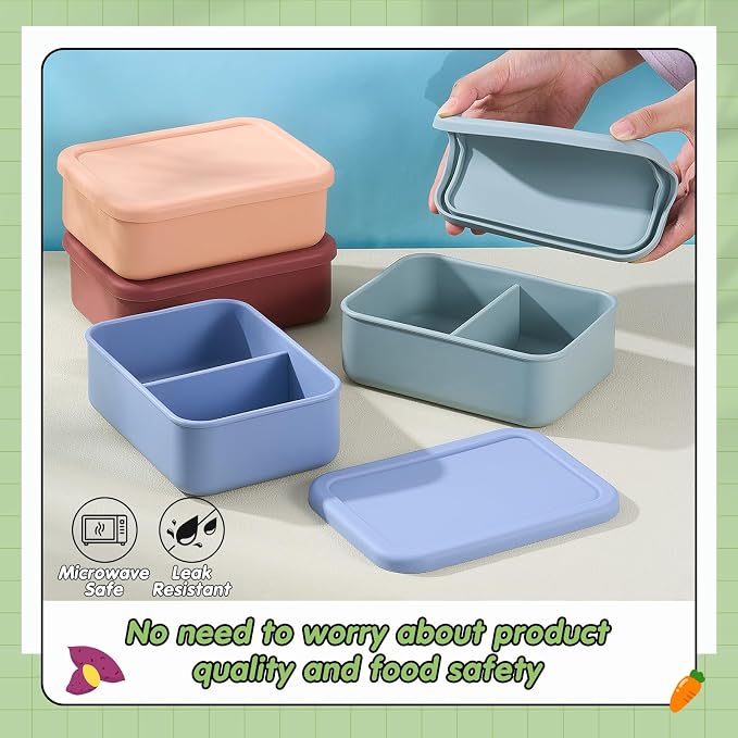 Layhit 4 Pcs Silicone Bento Box for Adults, 27 oz Bento Lunch Container Reusable Food Container for Women Men, Leak Proof Microwave Dishwasher Freezer Safe (2 Compartments,Dark Colors)
