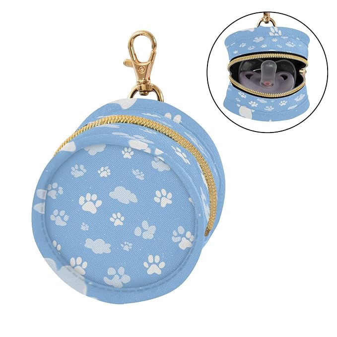 Pacifier Holder with Clip Pacifier Case for Diaper Bag Round Baby Pacifier Pouch Box Bag Portable Bright Blue Paw Prints Clouds