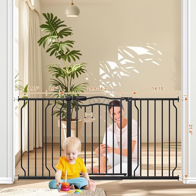 Extra Wide Baby Gate with Door Safety Gate for Baby, Toddler & Kids, Walk Through Gates for Stairs Pressure Mounted no Drill，Black