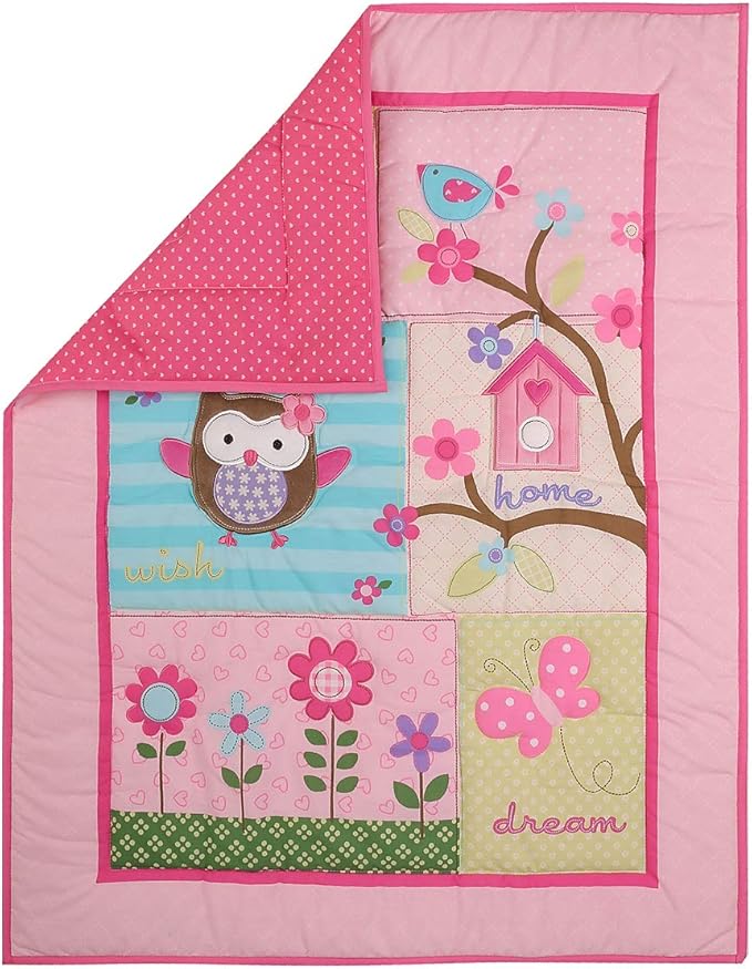 1 PC Pink Embroidery Owl Theme Nursery Crib Comforter Baby Girl Jungle Friends Quilted Blanket