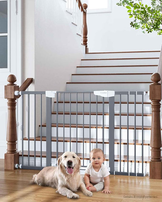 Cumbor 29.7-54.2" Wide Baby Gate for Stairs, Auto-Close Dog Gate Indoor for Doorways, No Drilling Pressure Mounted Pet Gates for Kids, Easy Walk Through Safety Gate, Gray