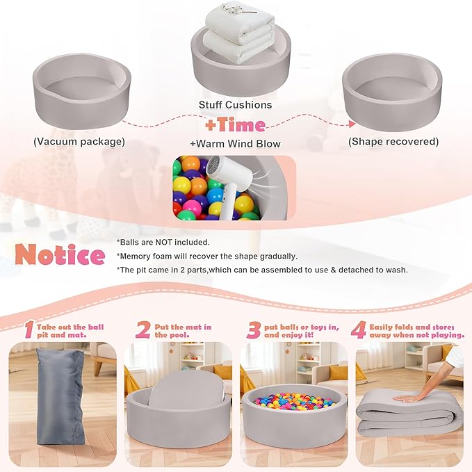 Foam Baby Ball Pit 35.4"x 11.8" for Toddlers, Soft Round Kiddie Playpen Ball Pool for Kids with Soft Memory Sponge for Babies Indoor Game(Balls not Included) Light Gray 35.4IN