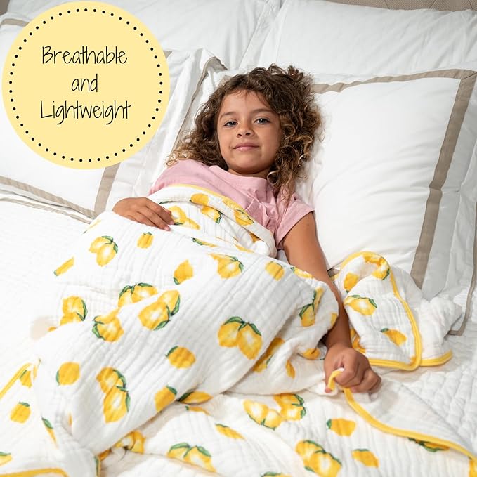 LollyBanks Muslin Baby Quilt, 100% Cotton Baby Blanket for Boys and Girls, Large 47 x 47 Inches Versatile Crib Blanket, 6 Layers Newborn Blanket, Durable Baby Bedding, Registry (Sunny Lemon Print)