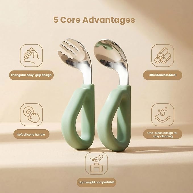 Personalized Baby Self-Feeding Utensils Set - Custom Engraved Name Toddler Spoon and Fork, Food-Grade Silicone Easy-Grip Triangular Handle Infant Training Cutlery for 6 Months+