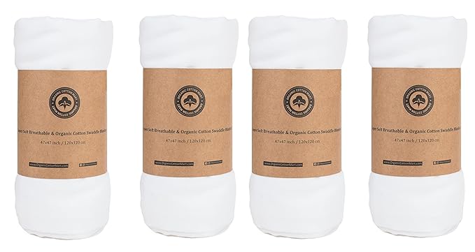 Organic Cotton White Swaddle Blankets - 4 Piece Set of Organic Gauze Muslin Swaddle Blankets - Breathable and Multi-Purpose Cotton Blanket for Newborn and Infants - 47"x47" (White - 4 Swaddles)