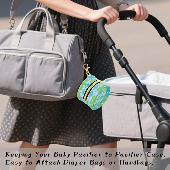 Pacifier Holder with Clip Pacifier Case for Diaper Bag Round Baby Pacifier Pouch Box Bag Portable Emerald Green and Blue Diamond Grid