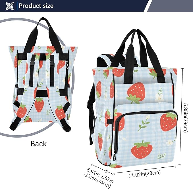 Personalized Strawberry Flower Blue Gingham Diaper Bag Insul Pockets Mom Dad