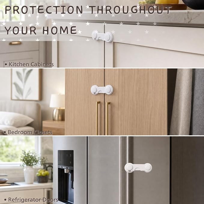Cabinet Door Locks Baby Proof, 4 Pack Child Safety Latches with Adhesive for Cabinets Drawers Cupboards Fridge Closet Pantry, Premium ABS Material, White