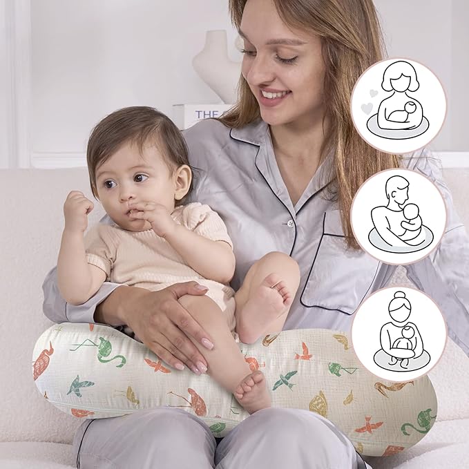 Little Grape Land Nursing Pillow, Breast Feeding Pillows, 100% Cotton Muslin Cover Baby Support Pillow for Bottle Feeding, Sitting, Tummy Time, Machine Washable Cover (Wetland Bird, Upgraded Model)